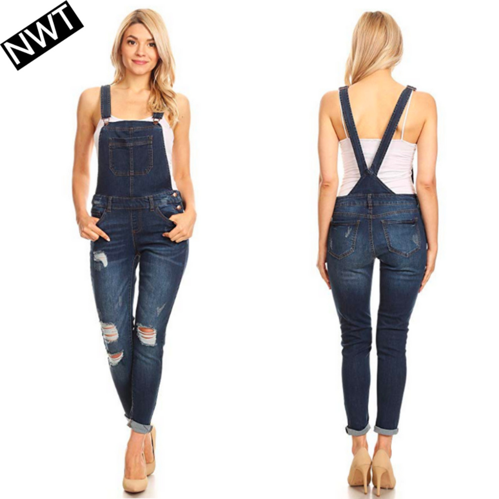 NEW Medium Wash Distressed Skinny Denim Overalls